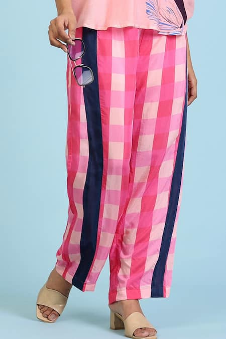 Buy_Radhika Jindal_Peach Cotton Silk Printed Fish High Collared Top Pant Set  