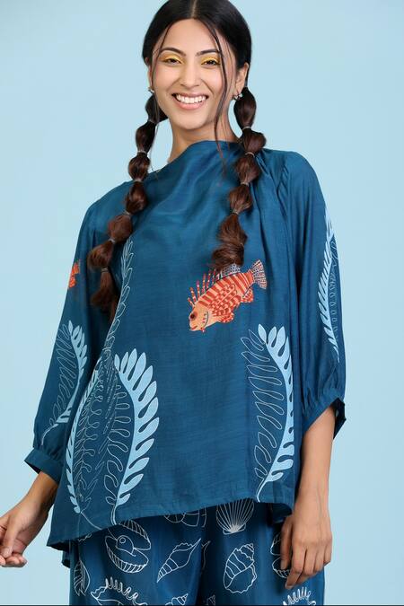 Radhika Jindal_Blue Cotton, Silk Round Neck Coral Print Top Pant Set_Online_at_Aza_Fashions