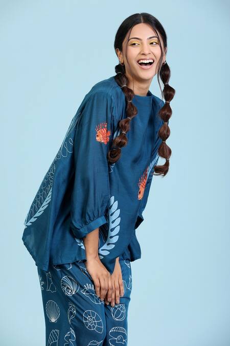 Buy_Radhika Jindal_Blue Cotton, Silk Round Neck Coral Print Top Pant Set_Online_at_Aza_Fashions