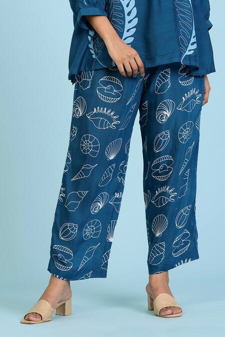 Shop_Radhika Jindal_Blue Cotton, Silk Round Neck Coral Print Top Pant Set_Online_at_Aza_Fashions