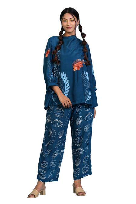 Radhika Jindal_Blue Cotton, Silk Round Neck Coral Print Top Pant Set_at_Aza_Fashions