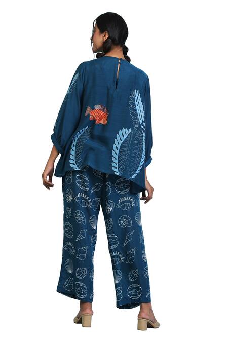 Buy_Radhika Jindal_Blue Cotton, Silk Round Neck Coral Print Top Pant Set