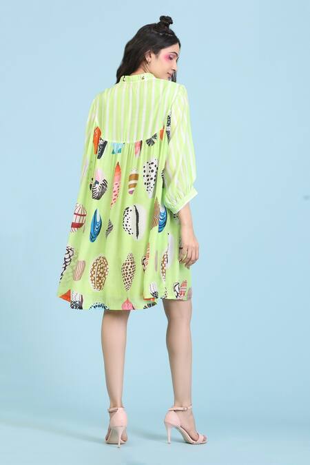 Shop Radhika Jindal Green Cotton, Silk High Neck Coral Print Flared Dress With Inner at Aza Fashions Shop_Radhika Jindal_Green Cotton, Silk High Neck Coral Print Flared Dress With Inner_at_Aza_Fashions