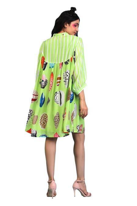 Buy Radhika Jindal Green Cotton, Silk High Neck Coral Print Flared Dress With Inner Online at Aza Fashions Buy_Radhika Jindal_Green Cotton, Silk High Neck Coral Print Flared Dress With Inner_Online_at_Aza_Fashions