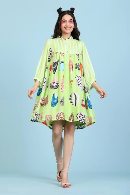 Shop Radhika Jindal Green Cotton, Silk High Neck Coral Print Flared Dress With Inner Online at Aza Fashions Shop_Radhika Jindal_Green Cotton, Silk High Neck Coral Print Flared Dress With Inner_Online_at_Aza_Fashions