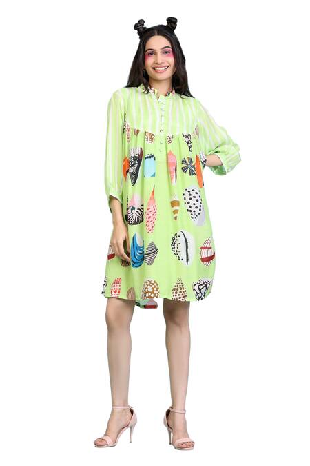 Radhika Jindal Green Cotton, Silk High Neck Coral Print Flared Dress With Inner at Aza Fashions Radhika Jindal_Green Cotton, Silk High Neck Coral Print Flared Dress With Inner_at_Aza_Fashions