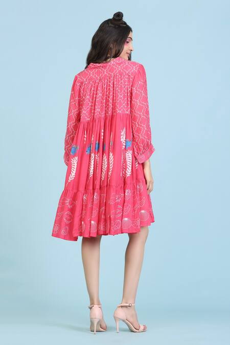 Shop Radhika Jindal Pink Cotton, Silk Collared Tiered Coral Print Dress at Aza Fashions Shop_Radhika Jindal_Pink Cotton, Silk Collared Tiered Coral Print Dress_at_Aza_Fashions