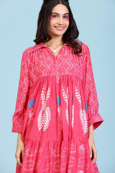 Radhika Jindal Pink Cotton, Silk Collared Tiered Coral Print Dress Online at Aza Fashions Radhika Jindal_Pink Cotton, Silk Collared Tiered Coral Print Dress_Online_at_Aza_Fashions