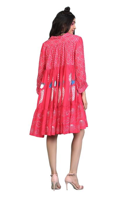 Buy Radhika Jindal Pink Cotton, Silk Collared Tiered Coral Print Dress Online at Aza Fashions Buy_Radhika Jindal_Pink Cotton, Silk Collared Tiered Coral Print Dress_Online_at_Aza_Fashions