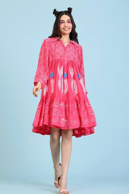 Shop Radhika Jindal Pink Cotton, Silk Collared Tiered Coral Print Dress Online at Aza Fashions Shop_Radhika Jindal_Pink Cotton, Silk Collared Tiered Coral Print Dress_Online_at_Aza_Fashions