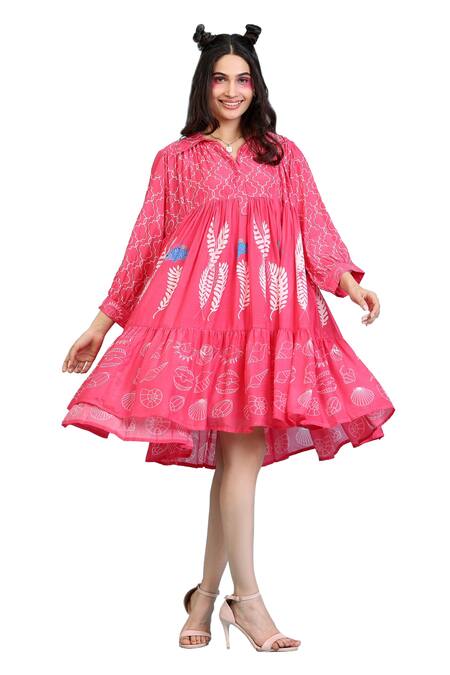 Radhika Jindal Pink Cotton, Silk Collared Tiered Coral Print Dress at Aza Fashions Radhika Jindal_Pink Cotton, Silk Collared Tiered Coral Print Dress_at_Aza_Fashions