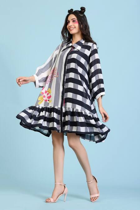 Buy_Radhika Jindal_Black Cotton, Silk Collared Stripe Print Tiered Dress_Online_at_Aza_Fashions