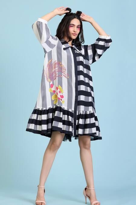 Shop_Radhika Jindal_Black Cotton, Silk Collared Stripe Print Tiered Dress_Online_at_Aza_Fashions