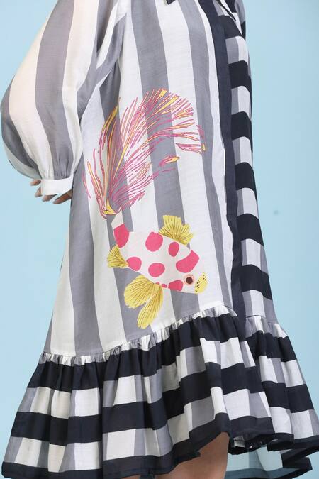 Radhika Jindal_Black Cotton, Silk Collared Stripe Print Tiered Dress_at_Aza_Fashions