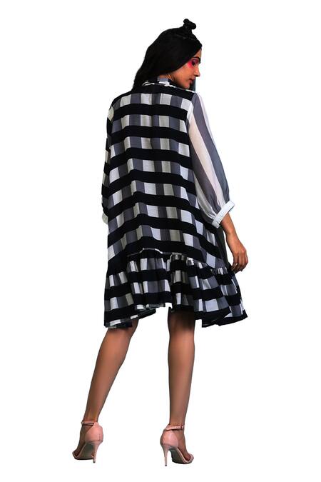 Buy_Radhika Jindal_Black Cotton, Silk Collared Stripe Print Tiered Dress