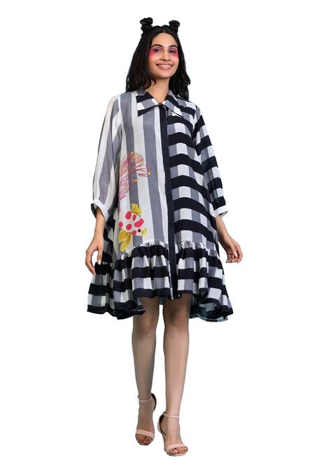Shop_Radhika Jindal_Black Cotton, Silk Collared Stripe Print Tiered Dress