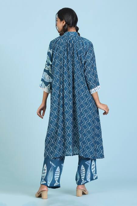 Shop_Radhika Jindal_Blue Cotton, Silk High Neck Printed Gathered Kurta Pant Set_at_Aza_Fashions