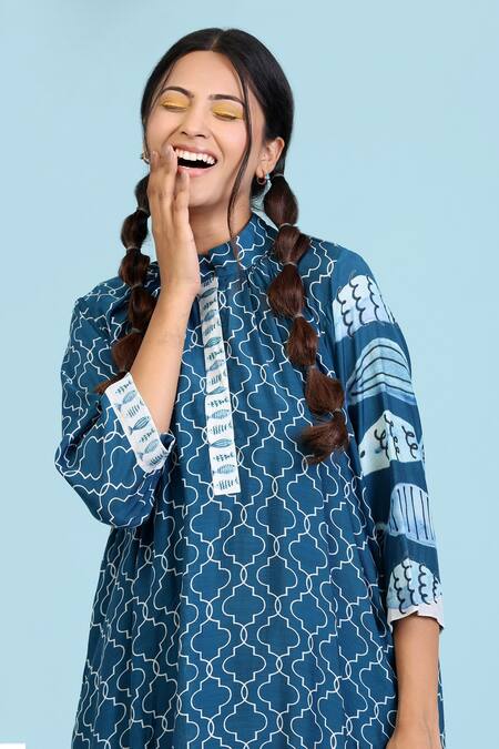 Radhika Jindal_Blue Cotton, Silk High Neck Printed Gathered Kurta Pant Set_Online_at_Aza_Fashions