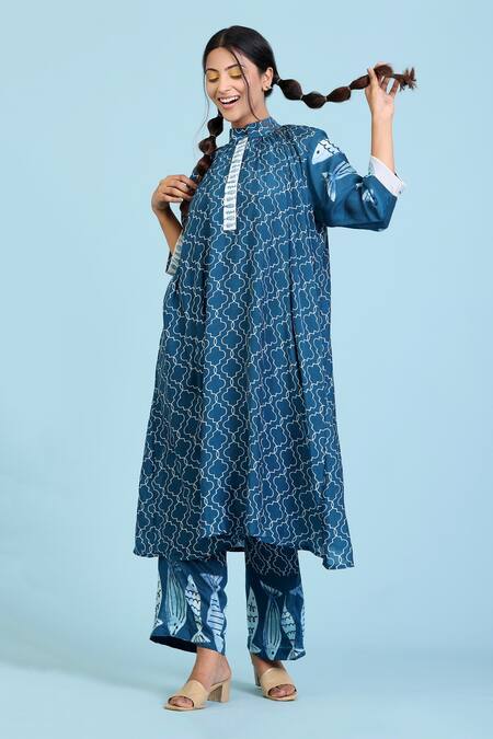 Buy_Radhika Jindal_Blue Cotton, Silk High Neck Printed Gathered Kurta Pant Set_Online_at_Aza_Fashions