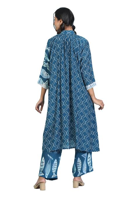 Shop_Radhika Jindal_Blue Cotton, Silk High Neck Printed Gathered Kurta Pant Set_Online_at_Aza_Fashions