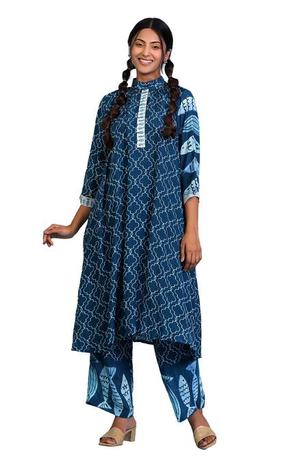 Radhika Jindal_Blue Cotton, Silk High Neck Printed Gathered Kurta Pant Set_at_Aza_Fashions