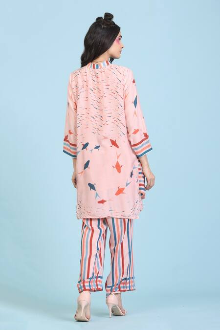 Shop Radhika Jindal Peach Cotton, Silk Collared Printed Kurta Striped Pant Set at Aza Fashions Shop_Radhika Jindal_Peach Cotton, Silk Collared Printed Kurta Striped Pant Set_at_Aza_Fashions