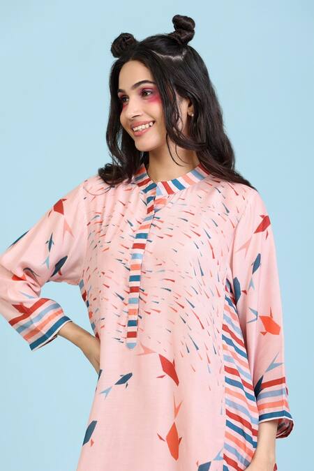 Radhika Jindal Peach Cotton, Silk Collared Printed Kurta Striped Pant Set Online at Aza Fashions Radhika Jindal_Peach Cotton, Silk Collared Printed Kurta Striped Pant Set_Online_at_Aza_Fashions