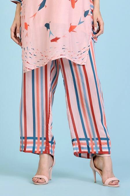 Buy Radhika Jindal Peach Cotton, Silk Collared Printed Kurta Striped Pant Set Online at Aza Fashions Buy_Radhika Jindal_Peach Cotton, Silk Collared Printed Kurta Striped Pant Set_Online_at_Aza_Fashions