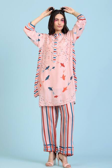 Shop Radhika Jindal Peach Cotton, Silk Collared Printed Kurta Striped Pant Set Online at Aza Fashions Shop_Radhika Jindal_Peach Cotton, Silk Collared Printed Kurta Striped Pant Set_Online_at_Aza_Fashions