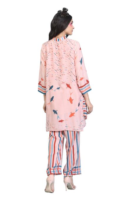 Radhika Jindal Peach Cotton, Silk Collared Printed Kurta Striped Pant Set at Aza Fashions Radhika Jindal_Peach Cotton, Silk Collared Printed Kurta Striped Pant Set_at_Aza_Fashions
