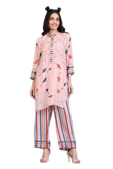 Buy Radhika Jindal Peach Cotton, Silk Collared Printed Kurta Striped Pant Set Buy_Radhika Jindal_Peach Cotton, Silk Collared Printed Kurta Striped Pant Set