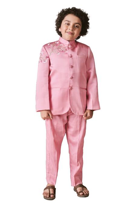 Buy Littleens Pink Velvet Embroidery Kaab Floral Placement Bandhgala Set Online at Aza Fashions Buy_Littleens_Pink Velvet Embroidery Kaab Floral Placement Bandhgala Set _Online_at_Aza_Fashions