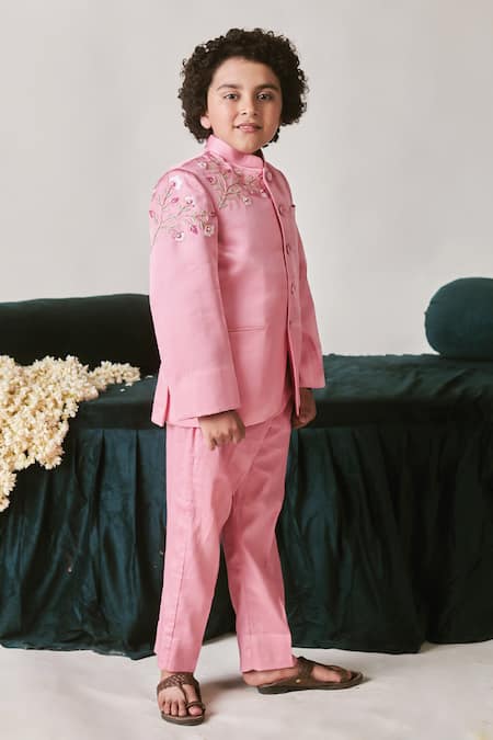 Shop Littleens Pink Velvet Embroidery Kaab Floral Placement Bandhgala Set Online at Aza Fashions Shop_Littleens_Pink Velvet Embroidery Kaab Floral Placement Bandhgala Set _Online_at_Aza_Fashions