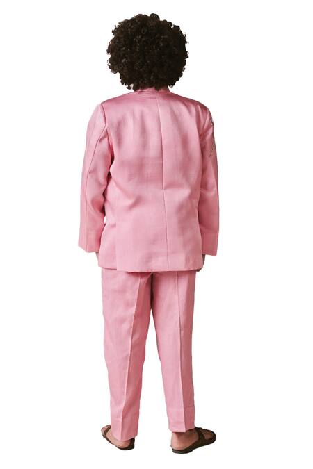 Littleens Pink Velvet Embroidery Kaab Floral Placement Bandhgala Set at Aza Fashions Littleens_Pink Velvet Embroidery Kaab Floral Placement Bandhgala Set _at_Aza_Fashions