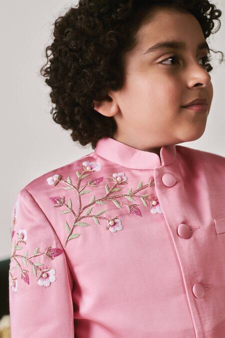 Shop Littleens Pink Velvet Embroidery Kaab Floral Placement Bandhgala Set Shop_Littleens_Pink Velvet Embroidery Kaab Floral Placement Bandhgala Set
