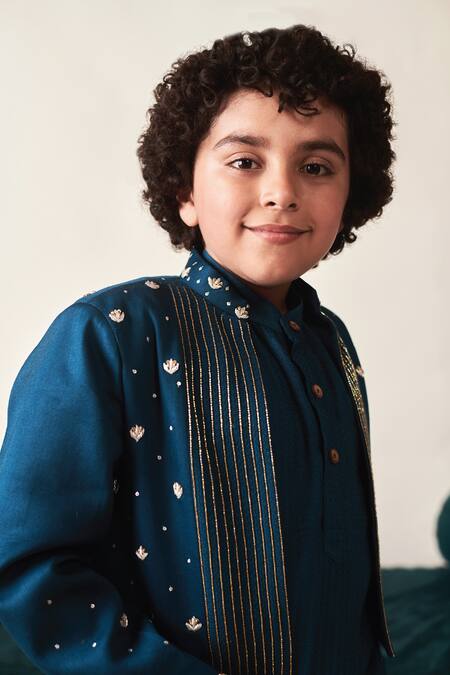 Littleens_Blue Satin, Velvet Sequins, Beads Embroidered Jacket And Kurta Set _Online_at_Aza_Fashions
