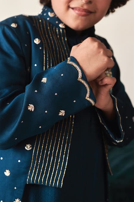 Buy_Littleens_Blue Satin, Velvet Sequins, Beads Embroidered Jacket And Kurta Set _Online_at_Aza_Fashions