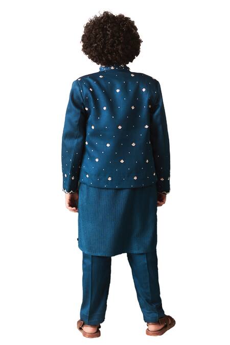Shop_Littleens_Blue Satin, Velvet Sequins, Beads Embroidered Jacket And Kurta Set _Online_at_Aza_Fashions