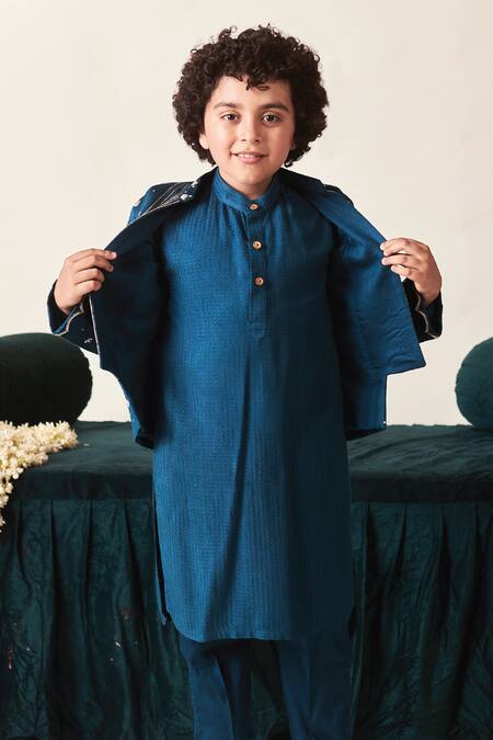 Littleens_Blue Satin, Velvet Sequins, Beads Embroidered Jacket And Kurta Set _at_Aza_Fashions