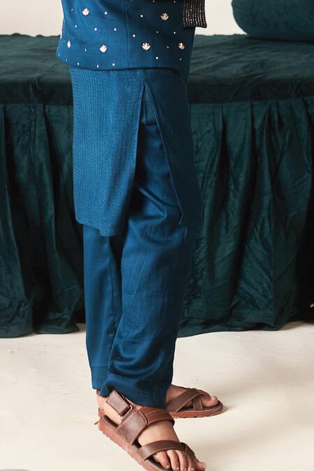 Shop_Littleens_Blue Satin, Velvet Sequins, Beads Embroidered Jacket And Kurta Set 