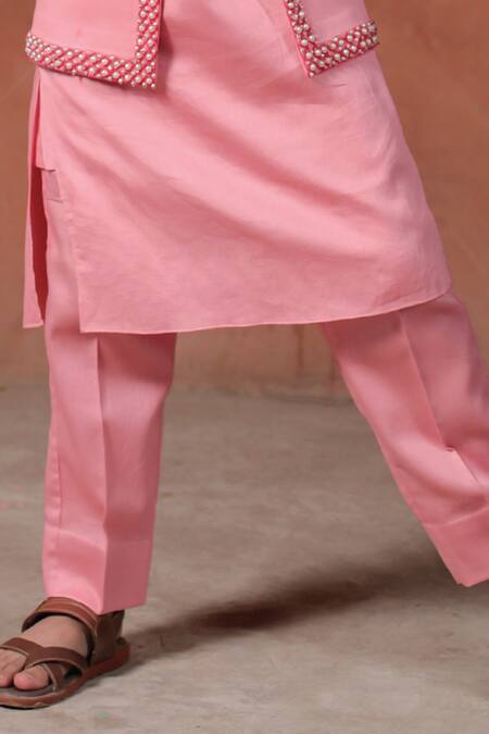 Littleens_Pink Velvet Pearls Cherry Blossom Embroidered Bundi Set _Online_at_Aza_Fashions