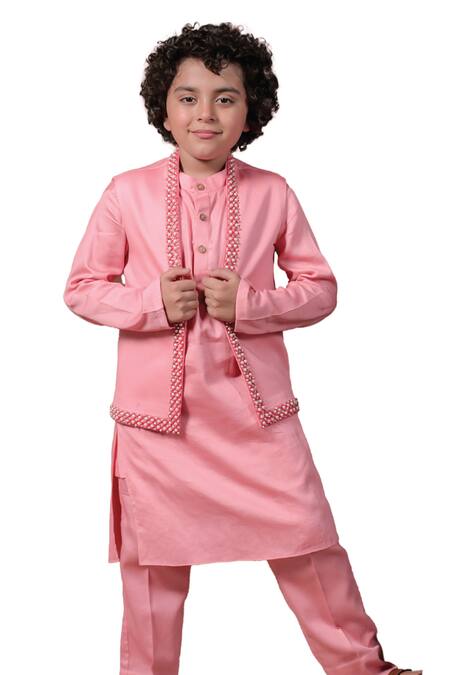 Buy_Littleens_Pink Velvet Pearls Cherry Blossom Embroidered Bundi Set _Online_at_Aza_Fashions