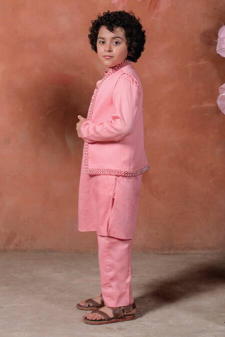 Shop_Littleens_Pink Velvet Pearls Cherry Blossom Embroidered Bundi Set _Online_at_Aza_Fashions