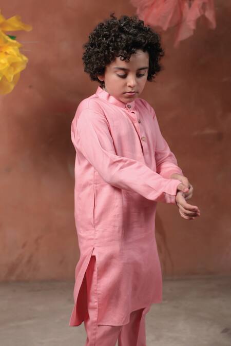 Buy_Littleens_Pink Velvet Pearls Cherry Blossom Embroidered Bundi Set 