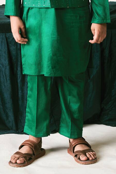 Littleens_Green Velvet Beads, Sequins, Cut Work Irish Embroidered Bundi Set _Online_at_Aza_Fashions