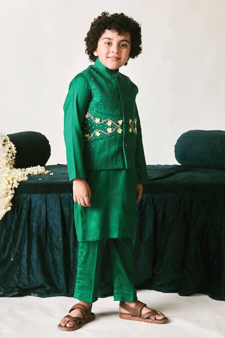 Buy_Littleens_Green Velvet Beads, Sequins, Cut Work Irish Embroidered Bundi Set _Online_at_Aza_Fashions