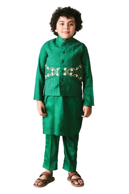 Shop_Littleens_Green Velvet Beads, Sequins, Cut Work Irish Embroidered Bundi Set _Online_at_Aza_Fashions