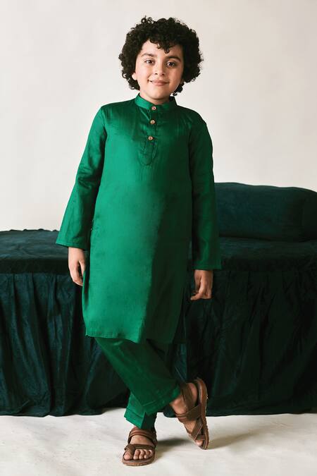 Littleens_Green Velvet Beads, Sequins, Cut Work Irish Embroidered Bundi Set _at_Aza_Fashions