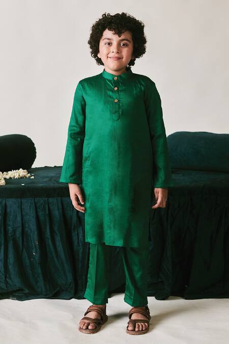 Buy_Littleens_Green Velvet Beads, Sequins, Cut Work Irish Embroidered Bundi Set 