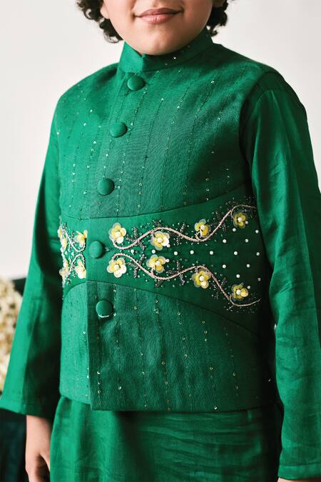Shop_Littleens_Green Velvet Beads, Sequins, Cut Work Irish Embroidered Bundi Set 